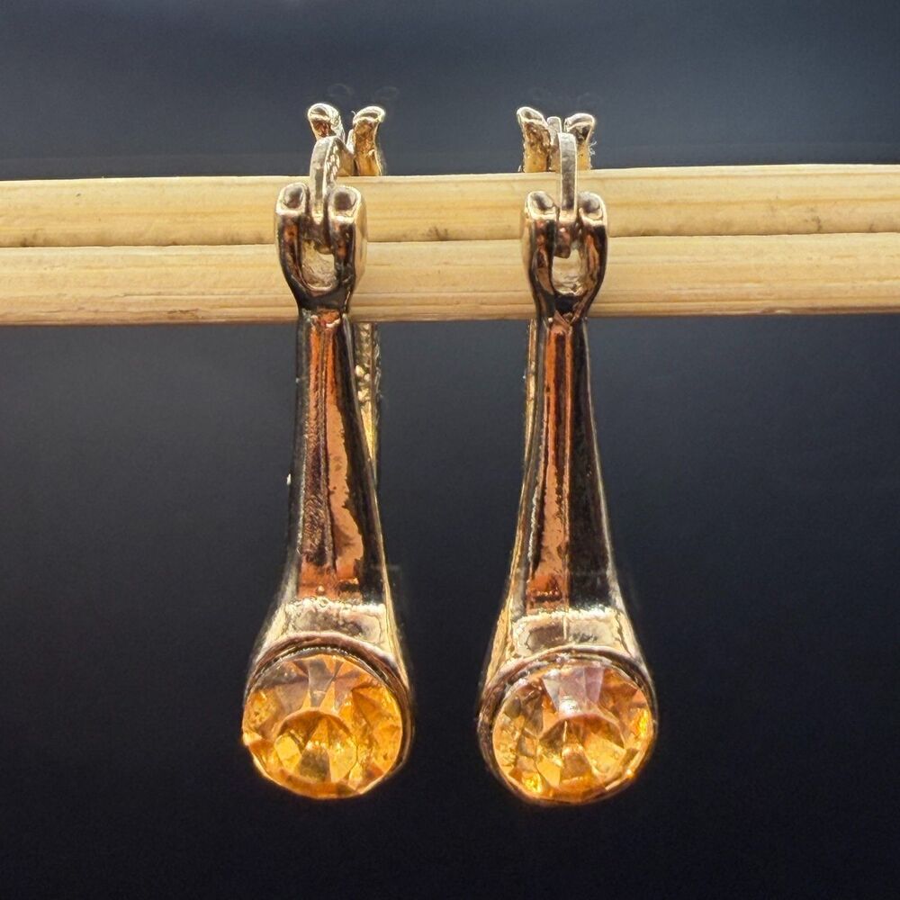 Drop Dangle Hoop Women Yellow Gold Tone Amber Citrine Crystal Earring
